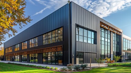 Obraz premium Modern building in aluminum siding and flat angled roofline and front windows.