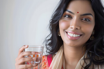 Indian Woman drinking tap water from glass isolated on white
