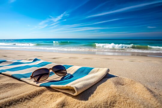Serene ocean waves gently lap at the empty sandy shore, with a lone beach towel and sunglasses abandoned under a clear blue sky.