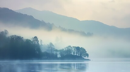 Fototapeta premium Stunning peaceful landscape image of misty Spring morning over Windermere in Lake District and distant misty peaks