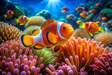 Vibrant orange clownfish swims amidst kaleidoscope of coral, sea anemones, and schools of small fish in a strikingly colorful oceanic landscape.