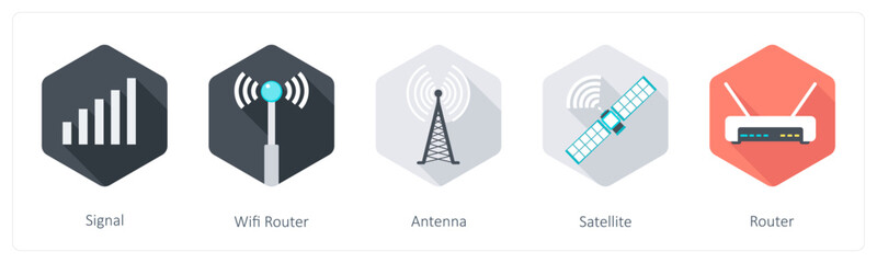 A set of 5 Communication icons as signal, wifi router, antenna