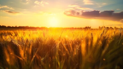 Fototapeta premium Summer landscape image of wheat field at sunset with beautifull