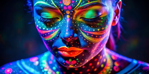 Vibrant neon UV paint under blacklight illuminates an anonymous face, eyes closed in serene expression, radiating an otherworldly artistic essence in mesmerizing abstract beauty.