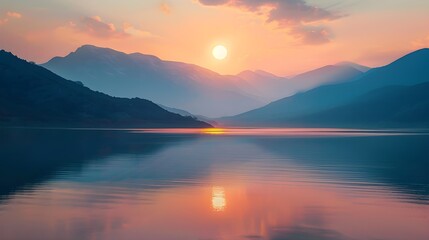Fototapeta premium Sun Setting Over a Tranquil Mountain Lake