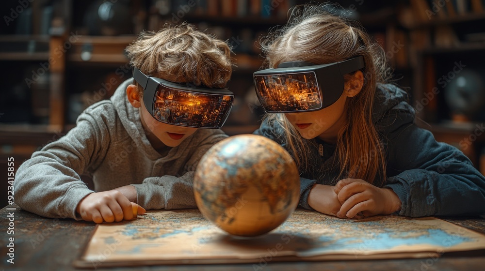 Poster two children immerse themselves in virtual reality experiences, excitedly learning about geography w