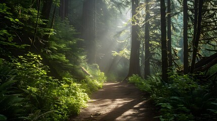Obraz premium Sunlight filtering through a dense woodland trail