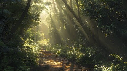 Obraz premium Sunlight filtering through a dense woodland trail
