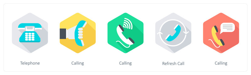 A set of 5 Communication icons as telephone, calling, refresh call