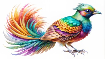 Obraz premium Vibrant and intricately detailed watercolor illustration of a stunning paradise bird with iridescent plumage, delicate feathers, and lifelike textures, isolated on a pure white background.