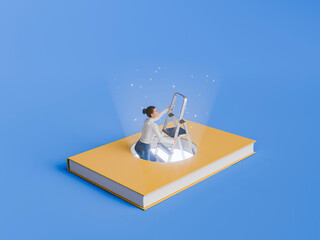 Woman Climbing Ladder Emerging from Yellow Book on Blue Background