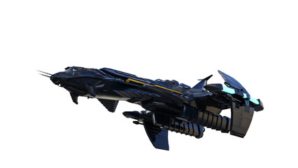 Large science fiction fantasy space ship flying overhead. Isolated 3D rendered illustration.