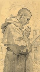 Fototapeta premium The painting of Deep Contemplation of St. John of the Cross, Spanish Countryside, Biblical Illustration, Beige Background, Copyspace