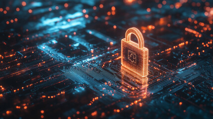 A mock-up illustrating cybersecurity in a network context, featuring a padlock icon, internet technology networking, and online purchases. 