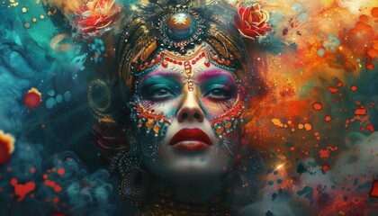 Woman adorned with vibrant face paint and floral decorations amidst colorful artistic background