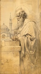 Fototapeta premium The painting of St. Gregory of Nyssa Writing in 4th-Century Church, Biblical Illustration, Beige Background, Copyspace