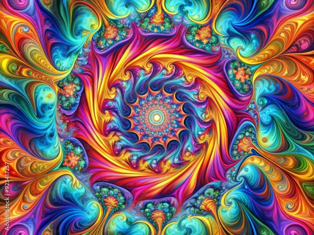 Poster swirling psychedelic liquid background features vibrant colors and mesmerizing shapes, creating a hy