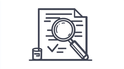 "A linear design symbol for a document inspection icon, featuring a thin line and monochrome outline in a minimal style. The icon includes a simple document with a folded corner, depicted with clean,