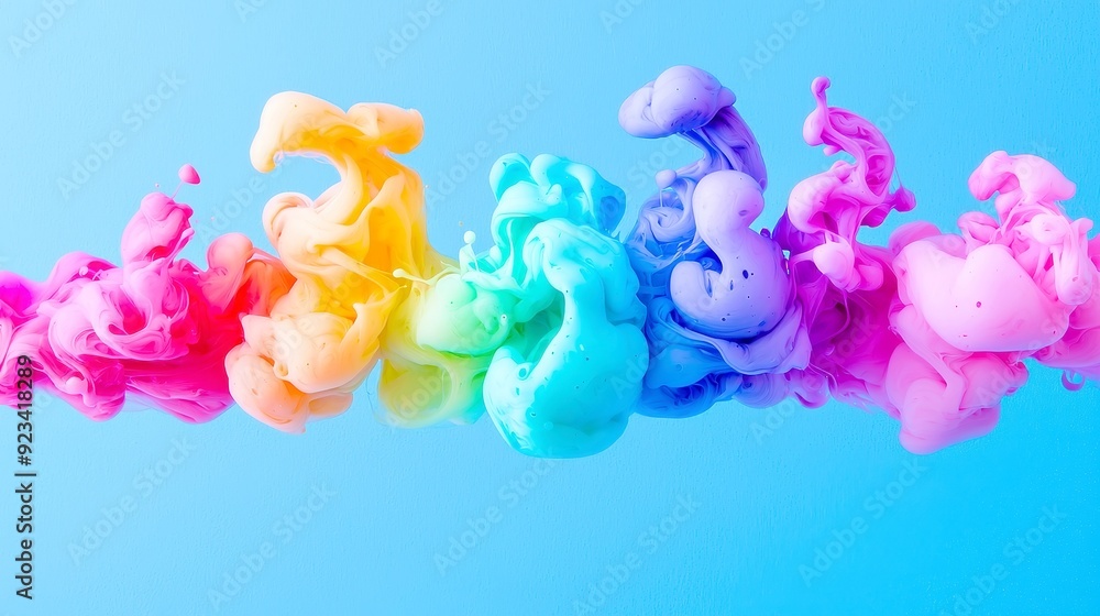 Poster vibrant ink swirls in water, a mesmerizing display of colorful inks gracefully mingling and diffusin