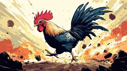 Fototapeta premium A rooster running through a field of exploding rocks, AI