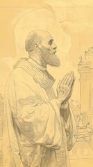 Fototapeta premium The painting of St. Basil the Great in 4th-Century Church, Moment of Prayer, Biblical Illustration, Beige Background, Copyspace