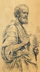 Fototapeta premium The painting of St. Peter the Apostle Holding Keys, 1st-Century Church, Biblical Illustration, Beige Background, Copyspace