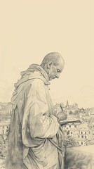 Fototapeta premium The painting of St. Louis de Montfort Writing in 18th-Century French Village, Biblical Illustration, Beige Background, Copyspace