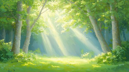 Obraz premium Sunlit Forest Serenity, a tranquil scene depicting a lush forest with warm sunlight filtering through the vibrant green canopy, casting gentle shadows on the forest floor.