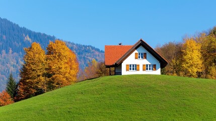 Obraz premium Hilltop Retreat, a cozy cottage perched on a scenic hillside, surrounded by lush greenery, offering a tranquil escape amidst towering trees and serene landscapes.
