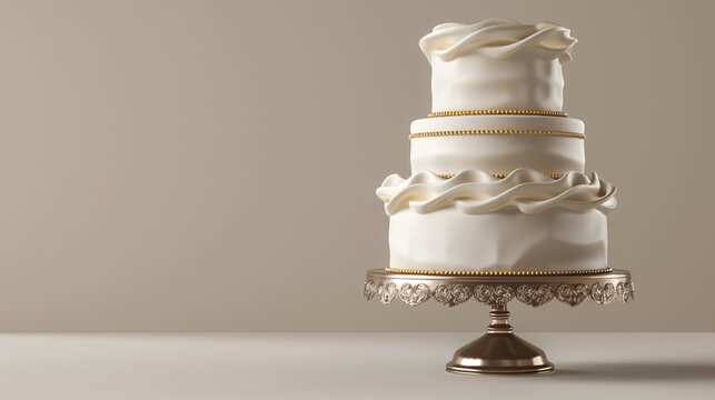 A simple wedding cake with white frosting and gold accents, placed on an elegant stand against a plain background