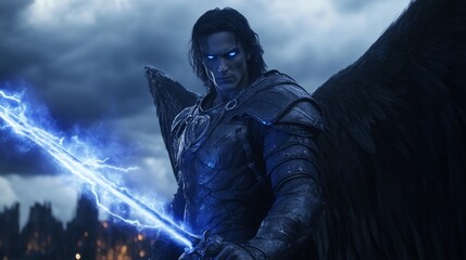 Fototapeta premium Dark archangel with glowing eyes, warrior with blue energy sword, armored angelic figure, dramatic sky and wings, fantasy battle scene