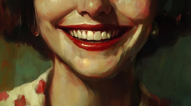 Retro smile close-up painting, 70s 80s vintage style art, Nostalgic woman's portrait, Retro red lipstick smile, Vintage emotional expression concept