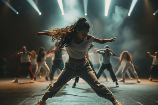 A group of women dance a dynamic dance on stage - Powered by Adobe