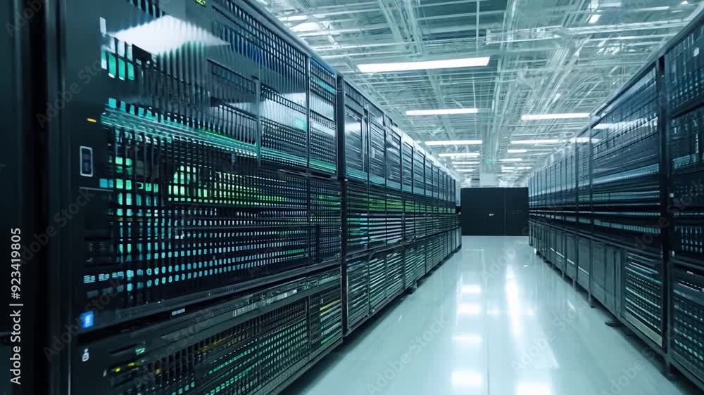 Poster rows of servers stand illuminated by led lights in a vast data center during late afternoon, showcas