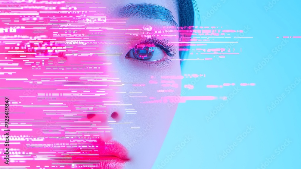 Aufkleber abstract representation of an asian woman, embodying artificial intelligence, set against a technolo