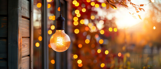 Cozy porch of suburban house decorated street garlands, lamp bulbs, lights, colorful autumn leaves....