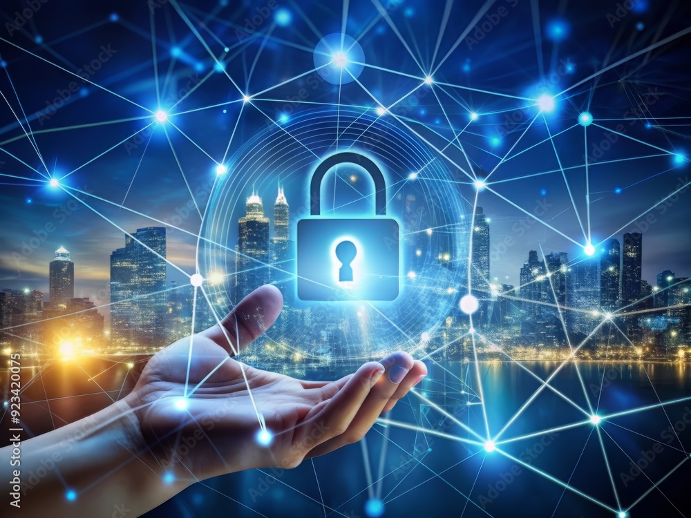 Poster a futuristic digital landscape showcases a glowing cyber lock protecting a network of interconnected