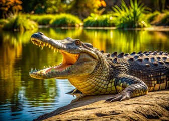 Obraz premium A serene scene of a large alligator or crocodile basking in warm midday sunlight by a peaceful pond, jaws agape, showcasing its sharp teeth.