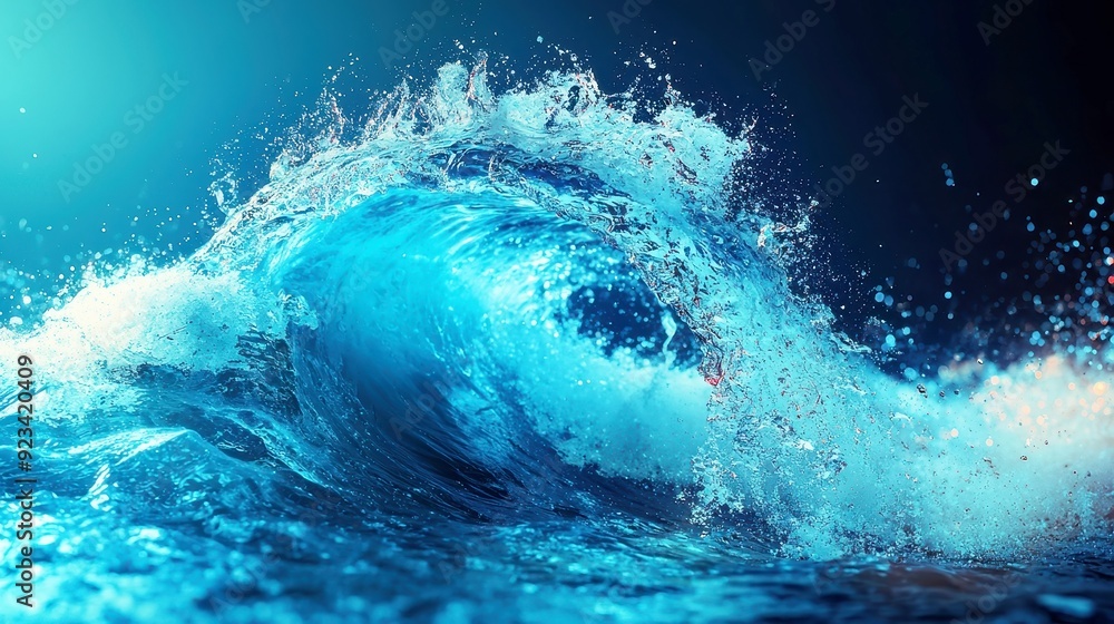 Poster abstract blue wave flowing gracefully, illuminated by radiant particles, creating a mesmerizing visu