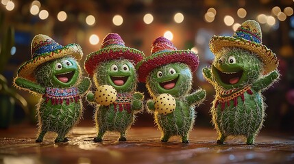 Vibrant and Humorous Cactus Family in Traditional Mexican Hats Dancing with Maracas Togeth