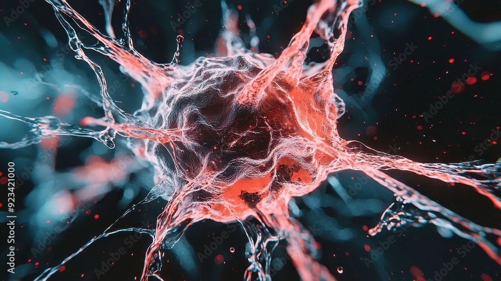 Poster abstract hexagonal patterns, intricate network resembling neural connections, vibrant colors intertw