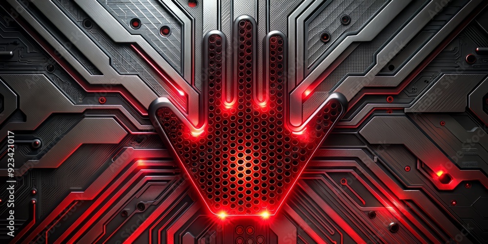 Poster futuristic design abounds in abstract red and black light patterns on a gradient backdrop, juxtapose