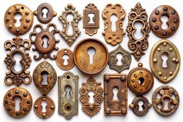 Obraz premium Assorted antique keyholes in various shapes and sizes with ornate details and rusty textures scattered on a crisp white background, evoking nostalgia and mystery.