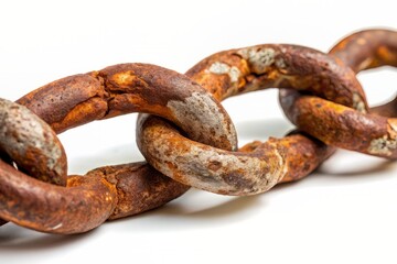 Fototapeta premium Rusty old chain with broken links and corrosion, isolated on a clean white background, symbolizing decay, neglect, and abandonment of once useful objects.
