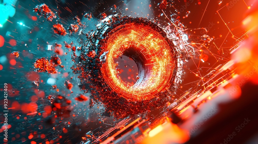 Poster dynamic digital landscape, vibrant particles erupting from a quantum core, interconnected computing 