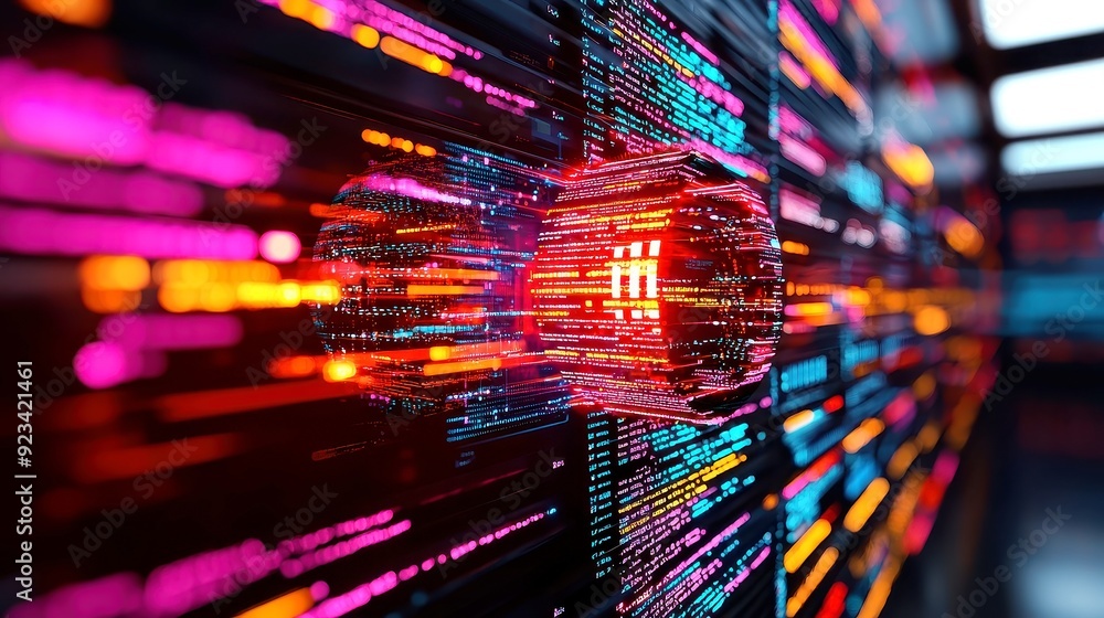Poster abstract technology backdrop featuring a dynamic explosion of digital particles, a quantum core, int