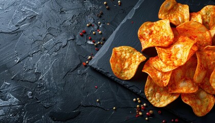Spicy potato chips arranged on a dark slate serving board with colorful peppercorns
