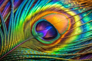 Obraz premium Vibrant psychedelic peacock feather showcases intricate microscopic patterns, macro details, and stunning iridescent colors, revealing nature's mesmerizing beauty in an abstract artistic form.