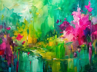 Fototapeta premium Vibrant abstract art painting features colorful green and pink hues with bold brushstroke waves and textured pallet knife strokes on canvas background.