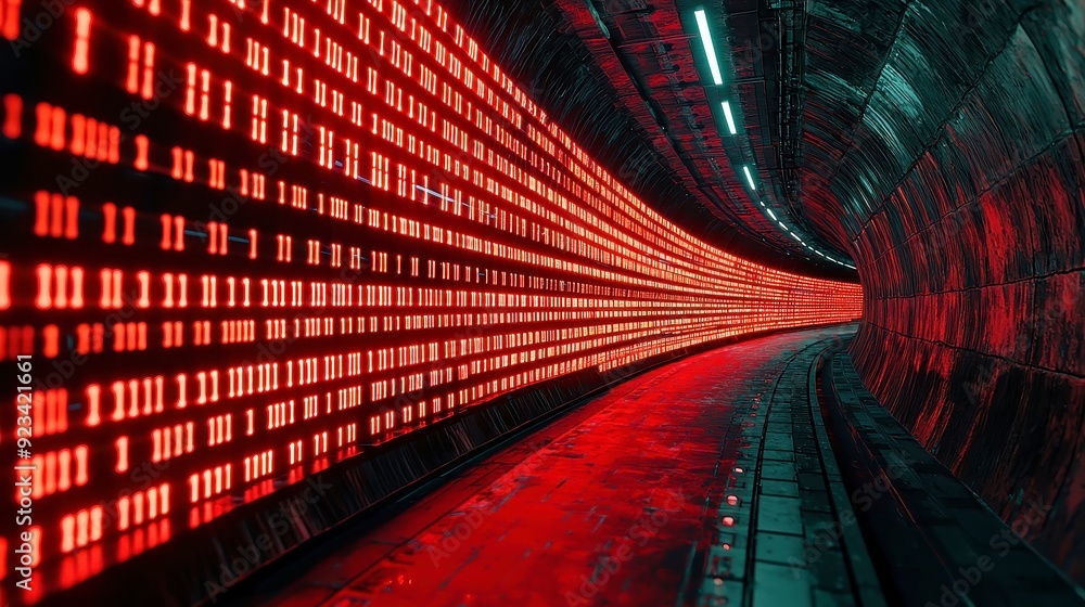 Poster futuristic ai tunnel, an abstract digital environment featuring binary code forming a corridor, evok